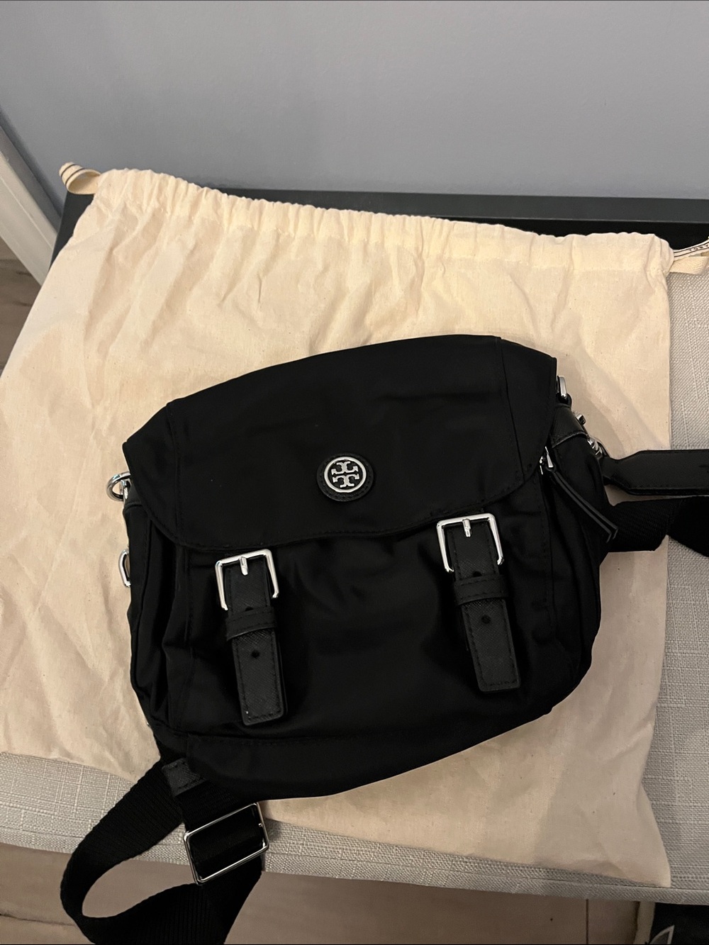 Tory Burch Black Nylon Messenger Bag with Silver Hardware
